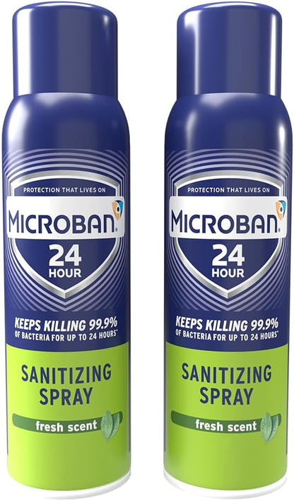MICROBAN Sanitizing Spray, 15 oz., 2 Pack, Fresh Scent, Disinfects, Sanitizes, Eliminates Odors, and Keeps Killing 99.9% of Bacteria on Hard, Non-Porous Surfaces in Home for up to 24 Hours