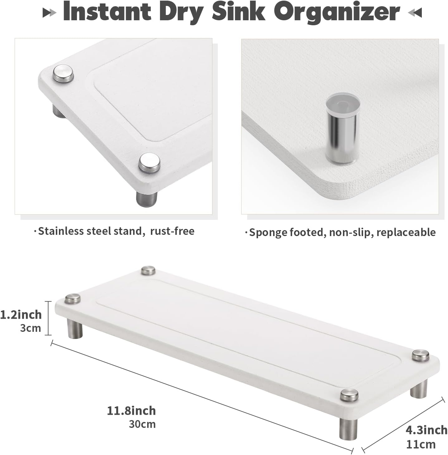 Kitchen Sink Caddy Water Absorbing Stone Tray For Sink, Diatomite Bathroom Countertop Tray Organizer, Faucet Stone Drying Mat Coaster Soap Dish Sponge Dispenser Holder (Grey)