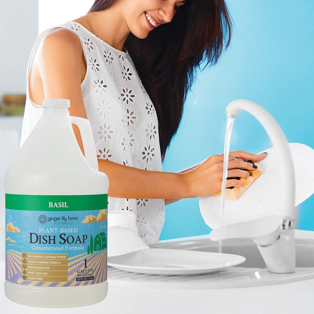 Ginger Lily Farms Botanicals Plant-Based Liquid Dish Soap, Concentrated Formula with Max Grease Cleaning Power, Cruelty-Free, Fragrance-Free, 1 Gallon Refill (128 Fl. Oz.), Clear