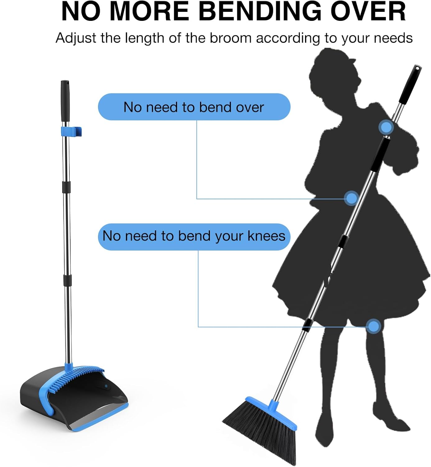 NACENA Broom and Dustpan Set, 52-in Long Adjustable Handle Broom Dustpan Combo with Dustpan Teeth to Automatically Clean Hair Suitable for Home Kitchen Office Hall Floor（Black&Red）
