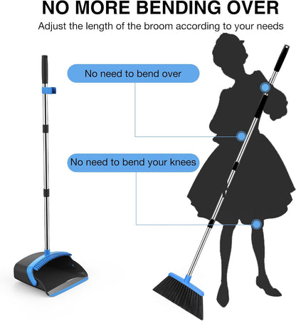 NACENA Broom and Dustpan Set, 52-in Long Adjustable Handle Broom Dustpan Combo with Dustpan Teeth to Automatically Clean Hair Suitable for Home Kitchen Office Hall Floor（Black&Red）