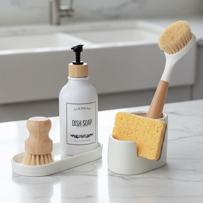 Ceramic Sponge Holder for Kitchen Sink, 2-in-1 Sponge & Brush Organizer, Compact Countertop Sink Caddy with Raised Edge to Catch Drips, Keeps Countertops Dry, Dishwasher Safe, Rustproof, White