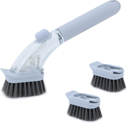 DAPOWER Soap Dispensing Dish Brush with Handle, Kitchen Scrub Brush for Dishes Pots Pans Sink Cleaning (Grayish Blue)