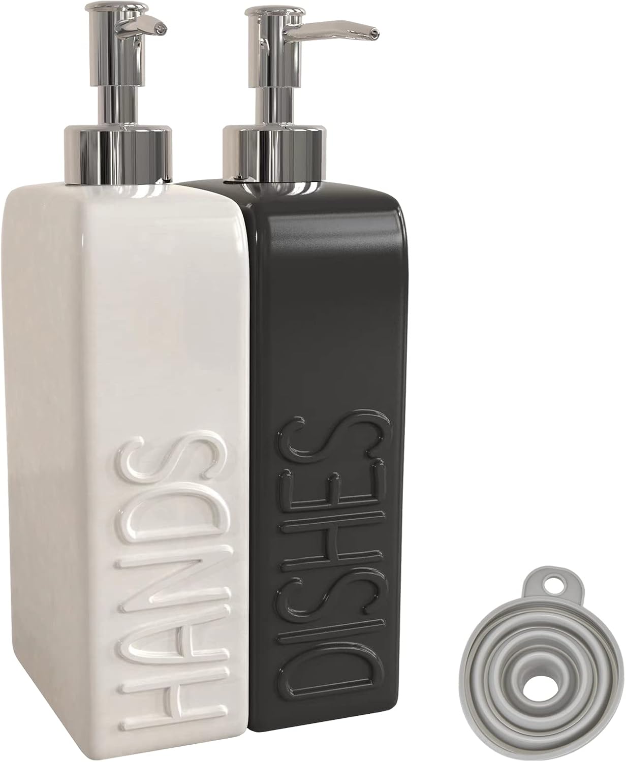 Soap Dispenser Set with Stainless Steel Pump, 2 Pack Ceramic Refillable Dish Soap and Hand Soap Dispenser for Kitchen, Bathroom, Matte White