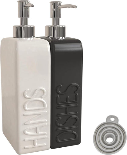 Soap Dispenser Set with Stainless Steel Pump, 2 Pack Ceramic Refillable Dish Soap and Hand Soap Dispenser for Kitchen, Bathroom, Matte White