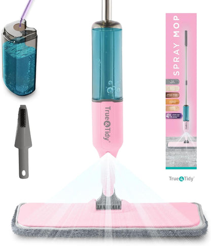 True & Tidy® SPRAY-250 Multi-Surface Spray Mop with 490ml Refillable Water Bottle for Floor Cleaning, Works on Wood, Tile, Marble etc, Use Any Cleaning Solution, Machine Washable Microfiber Mop Pads