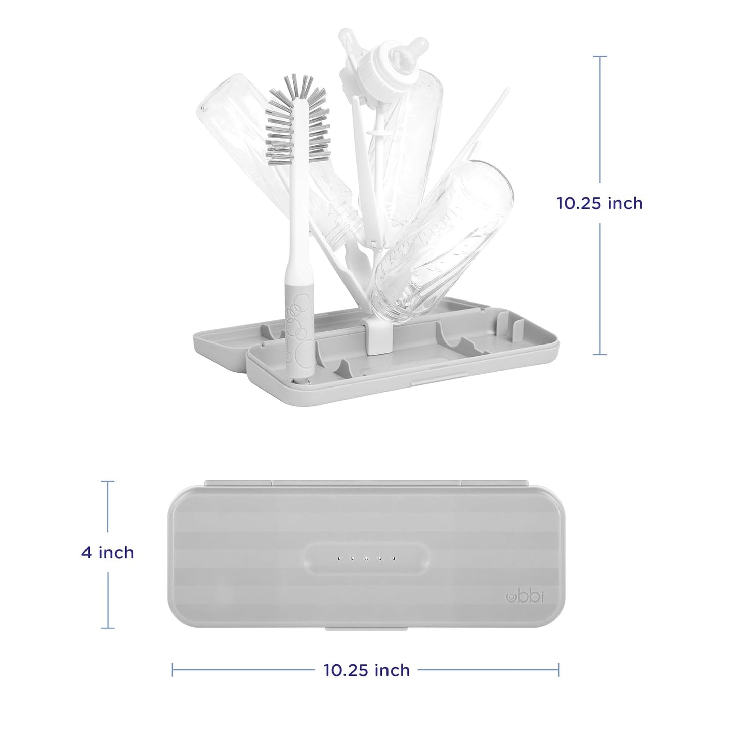 Ubbi On-the-Go Drying Rack and Brush Set, Includes Travel Case and Bottle Brush for Compact Storage, Holds Up To 8 Bottles, Baby Travel Accessories, Gray