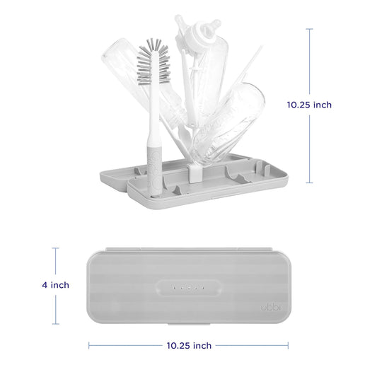 Ubbi On-the-Go Drying Rack and Brush Set, Includes Travel Case and Bottle Brush for Compact Storage, Holds Up To 8 Bottles, Baby Travel Accessories, Gray