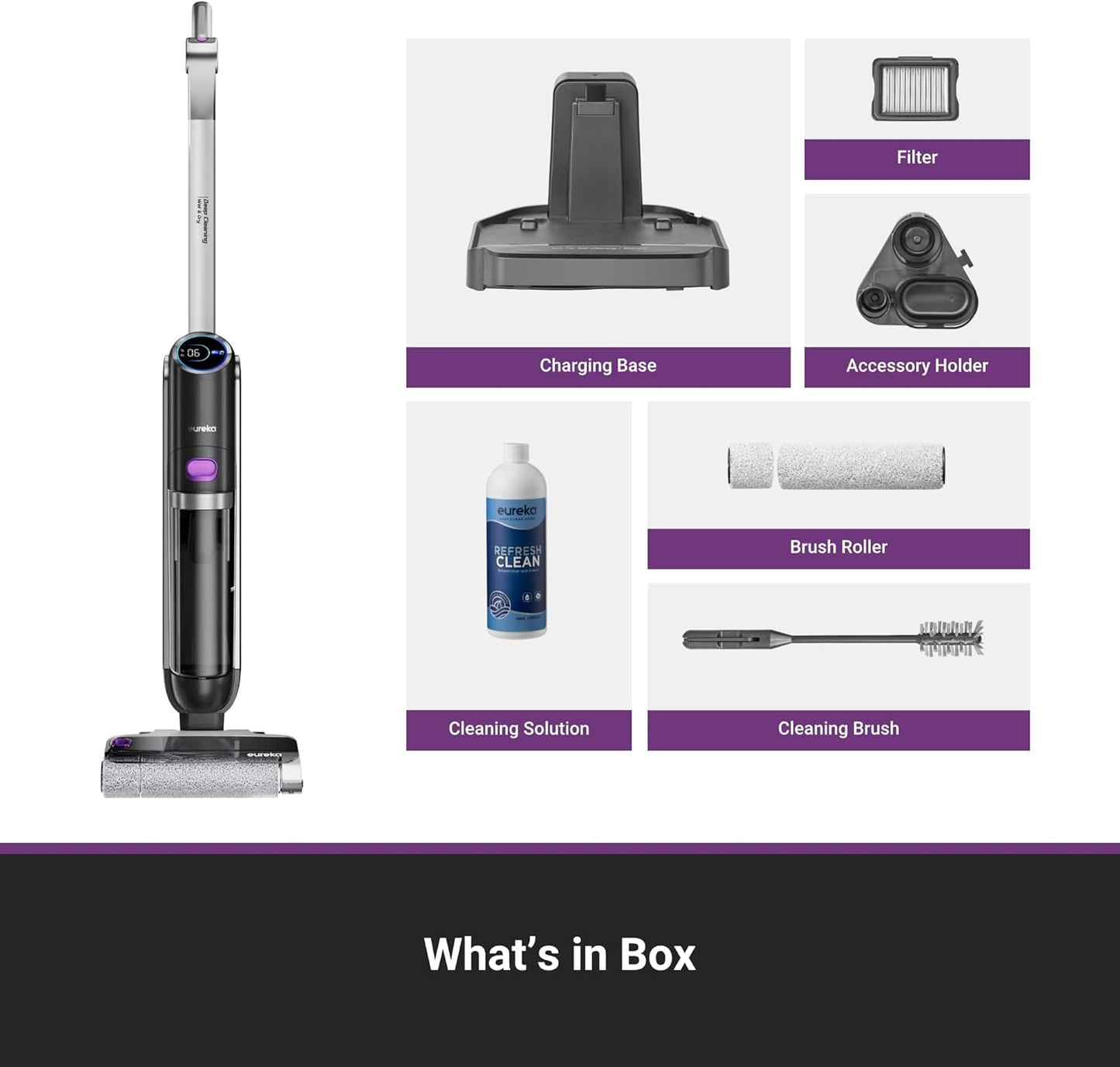 Eureka Cordless Wet Dry Cleaner, 170° Reclinable, Hot Air Drying Self Cleaning Vacuum and Mop Combo, Good for Hard Floors Pet Hair Sticky Messes, RapidWash 630, Purple