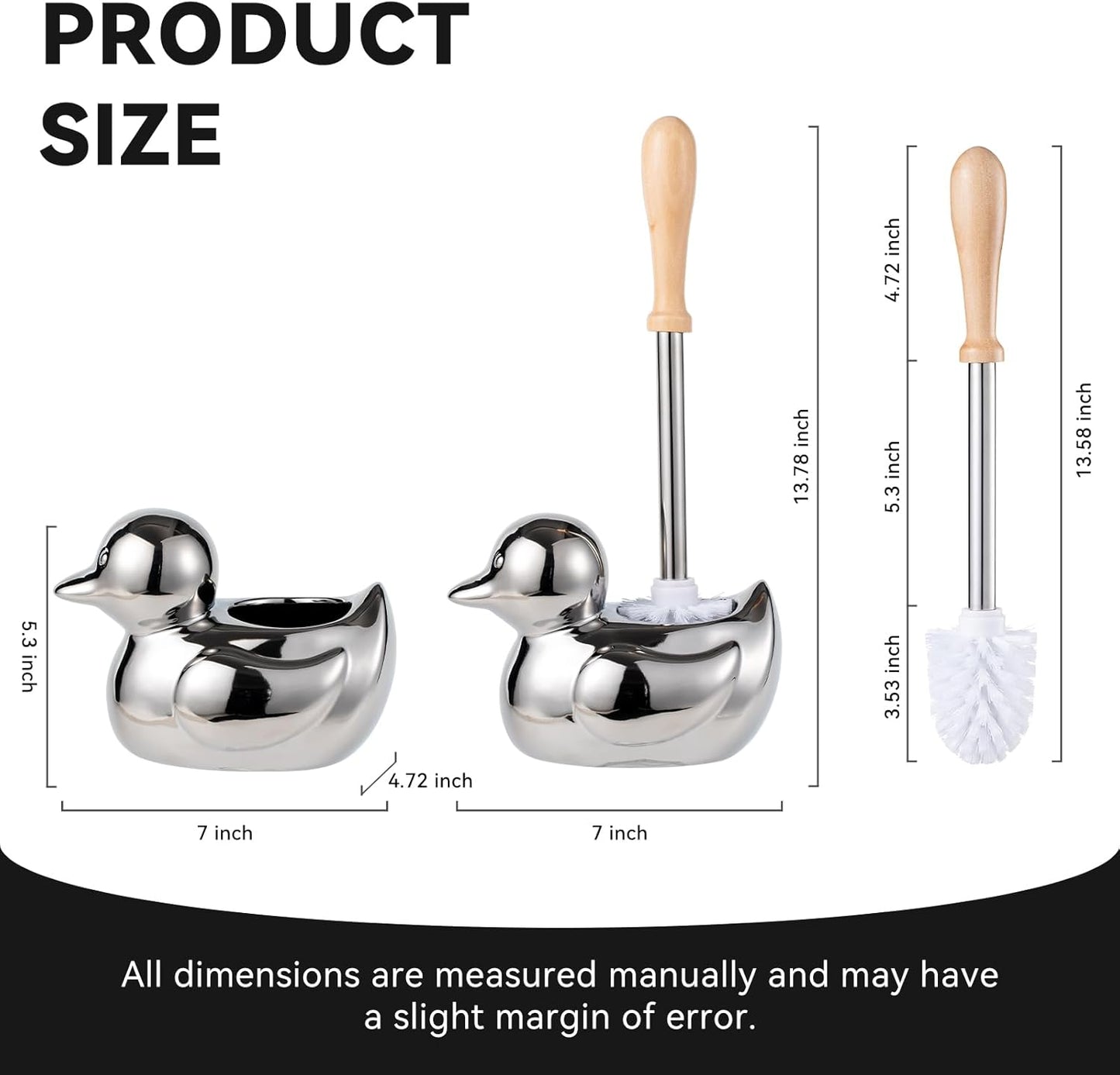 Duck Toilet Brush and Holder Set - Ceramic Bathroom Toilet Scrubber Brush Organizer with Wooden & Stainless SteelHandle, Gold Toilet Brush & Cute Duck Design for Bath Decor Storage
