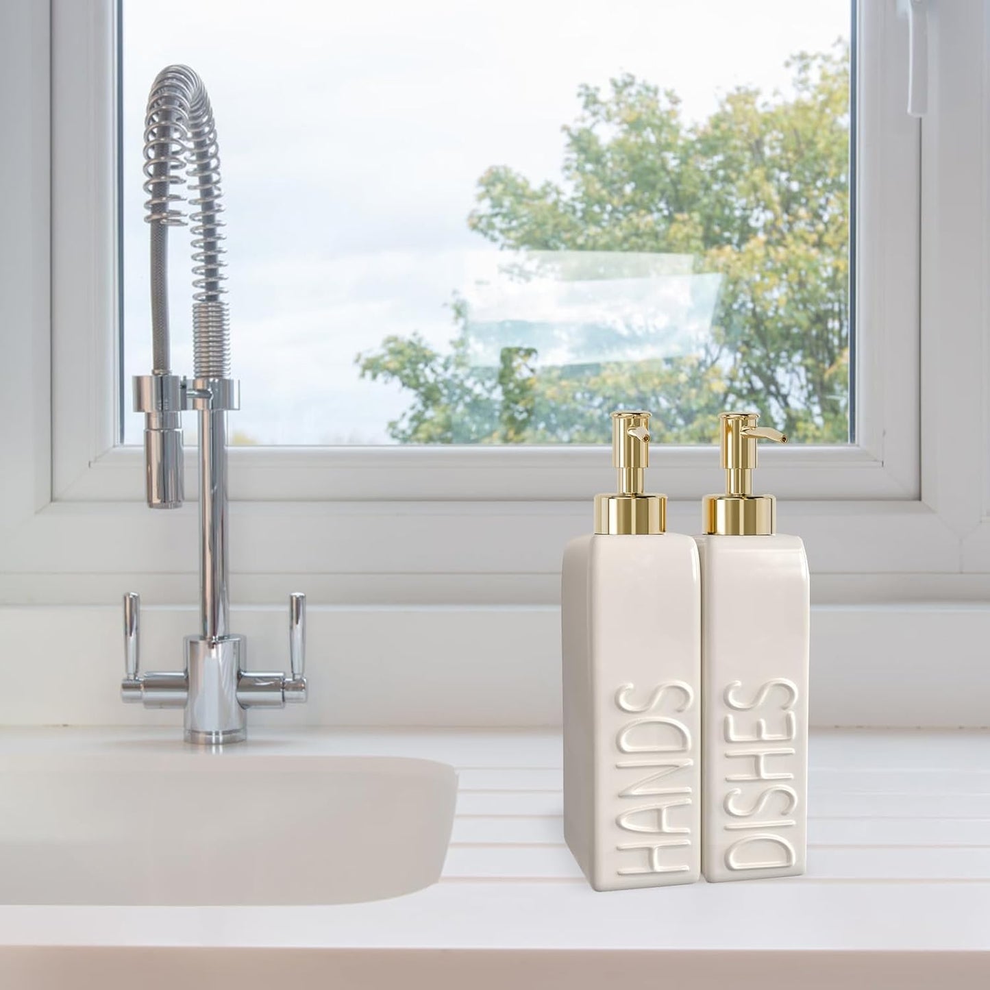 Soap Dispenser Set with Stainless Steel Pump, 2 Pack Ceramic Refillable Dish Soap and Hand Soap Dispenser for Kitchen, Bathroom, Matte White