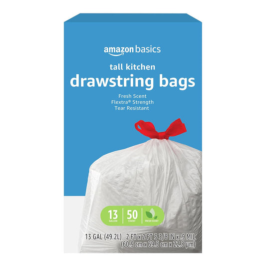Amazon Basics Flextra Strength Tall Kitchen Drawstring Trash Bags, Fresh Scent, Tear Resistant, 13 Gallon, 120 Count