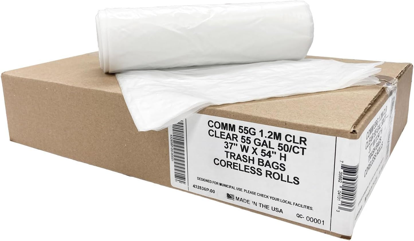 Ultrasac Heavy Duty 55 Gallon Clear Trash Bags - (Value 50 Pack) - 1.2 MIL equivalent Industrial Strength Plastic 37" x 54" for 50-55 Gal Cans -Fits Toter, Rubbermaid Brute, Carlislie Bronco etc.
