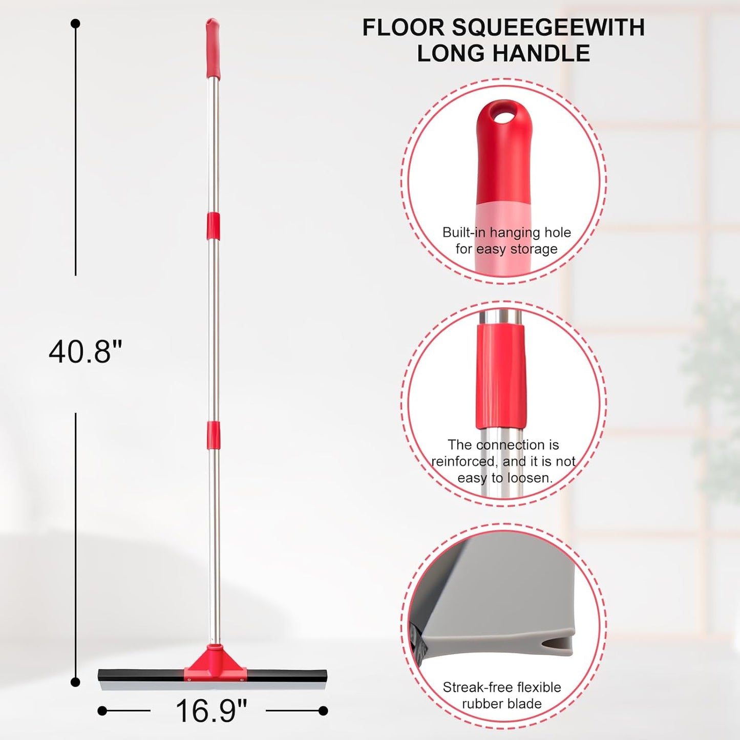 17" Heavy Duty Floor Squeegee with 40.8 Inch Long Handle, Suitable for Bathroom Tiles, Garage Concrete Floors, Shower Glass & Windows Cleaning