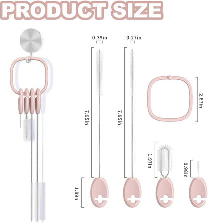 YOTIME 4in1 Straw Cleaner Brush Set, Reusable Standing Straw Brushs with Holder Ring, for Wide and Narrow Straws, Tumblers, Water Bottles and Cups, Pink