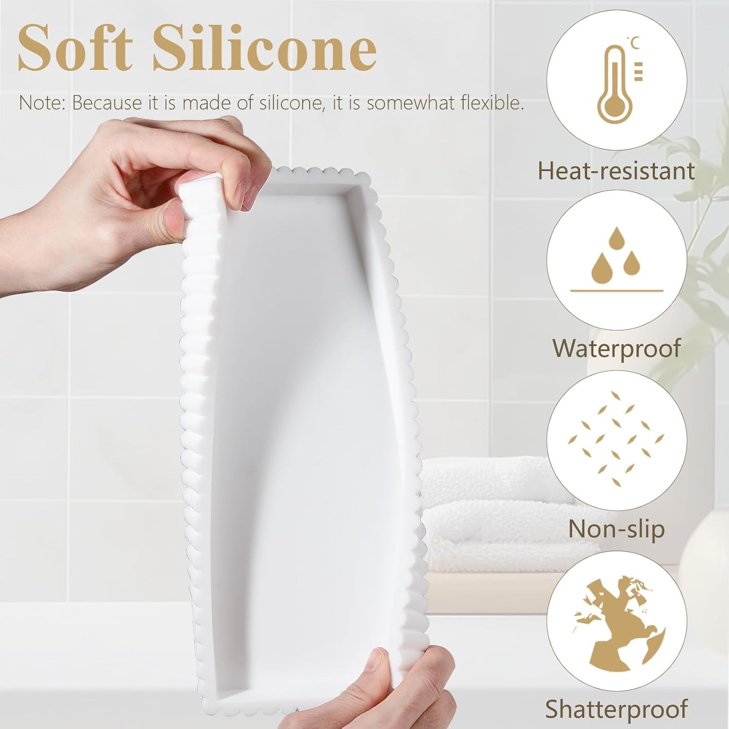 Silicone Bathroom Tray Small Vanity Organizer Rectangle Sink Caddy Sponge Holder Kitchen Counter Decor for Dish Soap, Perfume, Candle, Beige