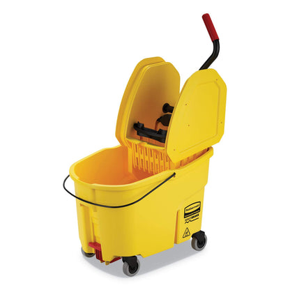 Rubbermaid Commercial Products WaveBrake 44 QT Side-Press Mop Bucket and Wringer Combo on Wheels with Foot Drain Yellow for Heavy-Duty Floor Cleaning