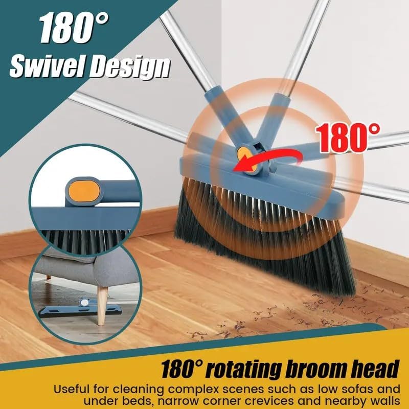 2-in-1 Broom with Dustpan Combo Set,Long Handle Broom Dustpan Combo with Dustpan Teeth to Automatically Clean Hair for Home, Indoor or Outdoor Cleaning Hall Floor (Gray)