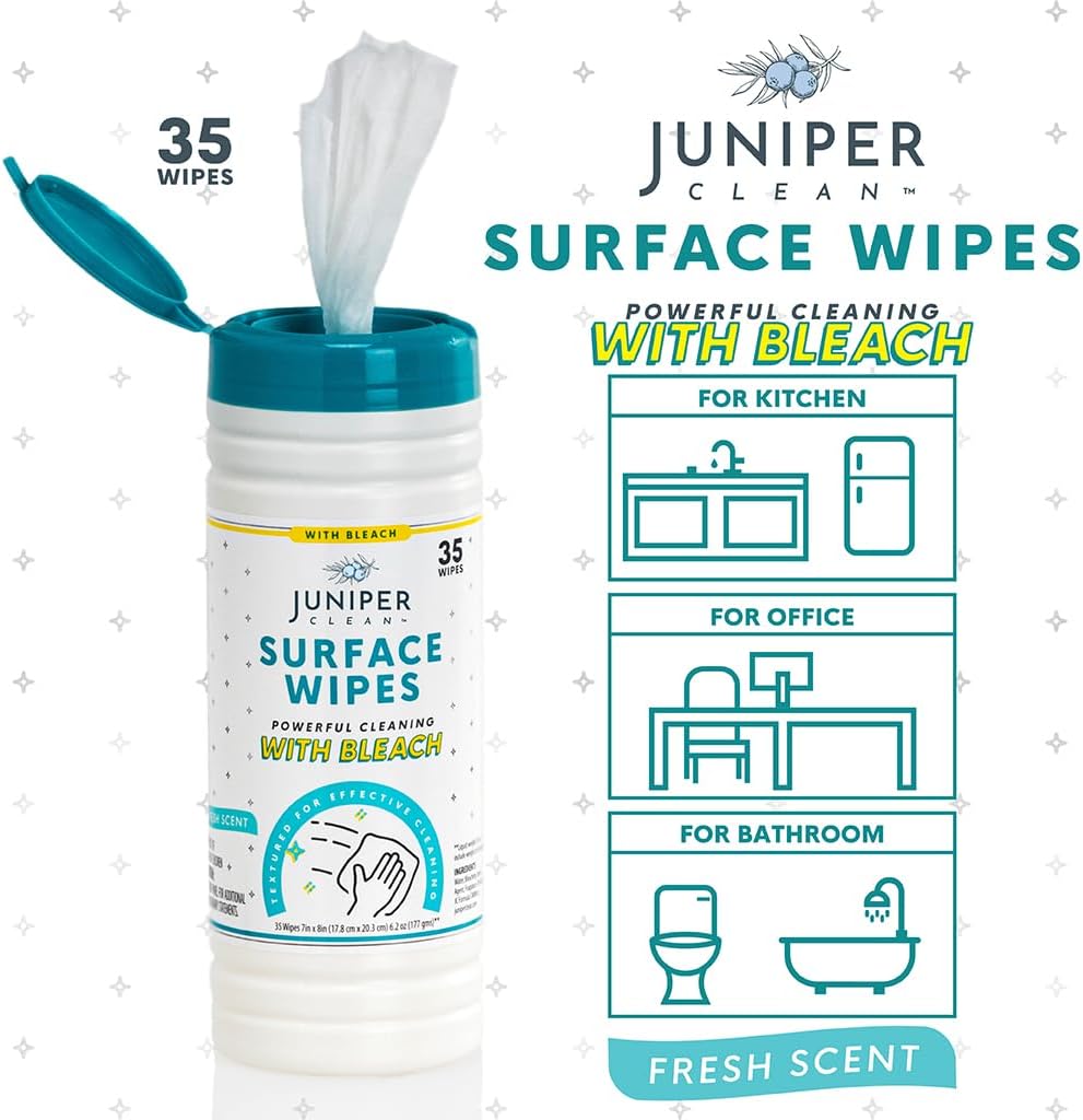 Juniper CLEAN 3 Pack Surface Cleaning Wipes with Bleach, All-Purpose Cleaner for Bathroom, Kitchen, Office, 216 Count Soft Flow, Fresh Scent, Lint Free & Durable