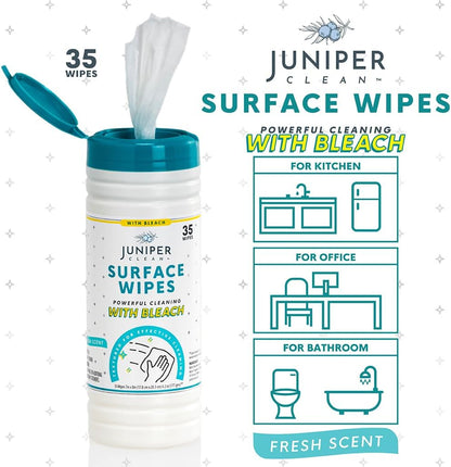 Juniper CLEAN 3 Pack Surface Cleaning Wipes with Bleach, All-Purpose Cleaner for Bathroom, Kitchen, Office, 216 Count Soft Flow, Fresh Scent, Lint Free & Durable