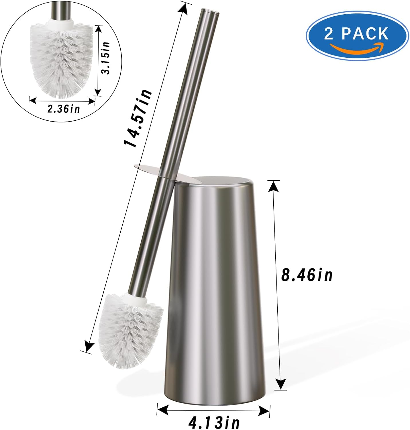2 Pack Toilet Brush and Holder-with 304 Stainless Steel Long Handle-Toilet Bowl Brush for Bathroom (Champagne Gold)