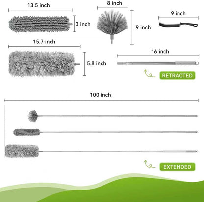 100-inch Duster with Extension Pole, 9-in-1 Cobweb Duster Kit Includes Spider Web Brush & Flat Gap Cleaner for High Ceiling, Fan, Under Appliances, Car, Home Deep Cleaning