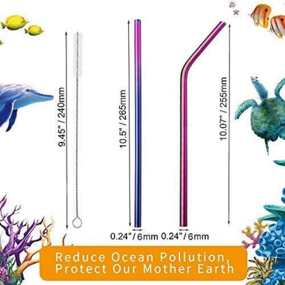 VEHHE Reusable Straws 8 Set Multi Color Stainless Steel Straws - Cleaning Brush for 20 Oz (Rainbow 8.5 inch + 10.5 inch)