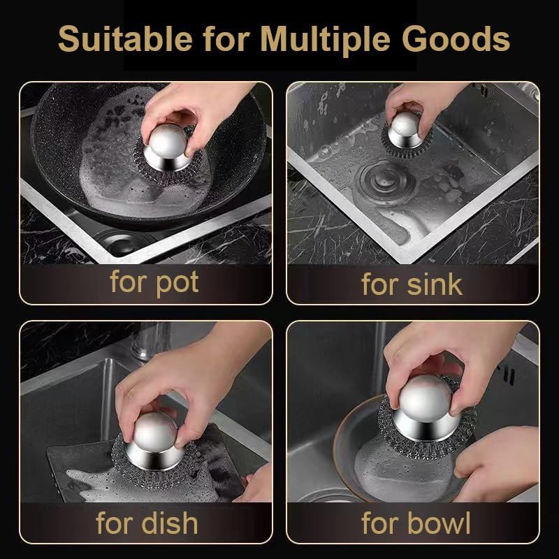 Onewly 4Pcs Steel Wool Scrubber Set, Stainless Steel Scrubber with Stainless Steel Handle, for Cleaning Dishes, Cast Iron, Stock Pots, Pans, Griddles, Grills