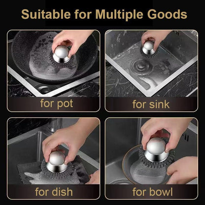 Onewly 4Pcs Steel Wool Scrubber Set, Stainless Steel Scrubber with Stainless Steel Handle, for Cleaning Dishes, Cast Iron, Stock Pots, Pans, Griddles, Grills