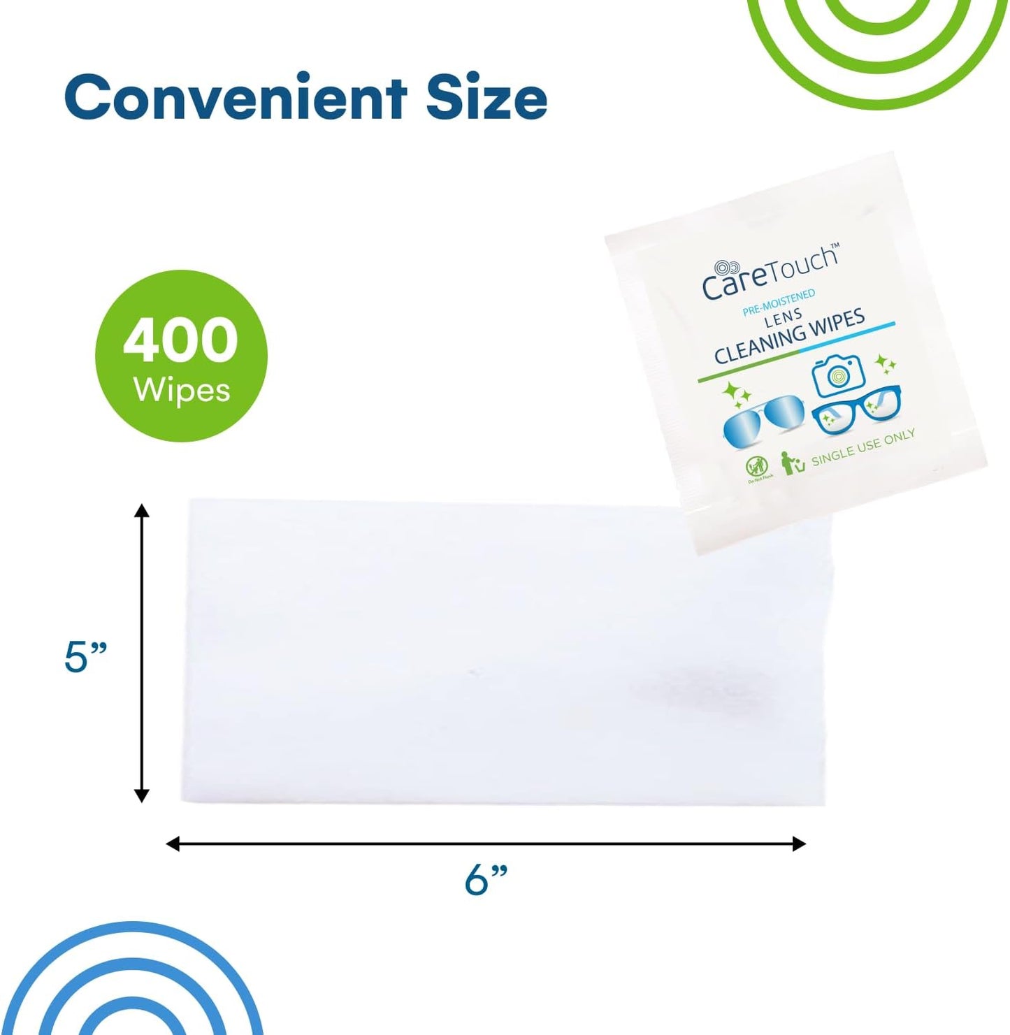Care Touch Lens Wipes for Eyeglasses- 100 Count Individually Wrapped Pre- Moistened Wipes, 5 x 6 Inch- Camera Lens, Sunglasses and Glasses Cleaner,- Gentle and Portable for Cleaning of Optical Devices