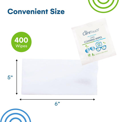 Care Touch Lens Wipes for Eyeglasses- 100 Count Individually Wrapped Pre- Moistened Wipes, 5 x 6 Inch- Camera Lens, Sunglasses and Glasses Cleaner,- Gentle and Portable for Cleaning of Optical Devices
