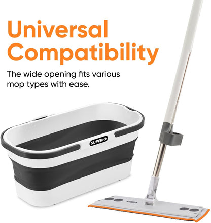 Superio Fold N' Go 10L Collapsible Mop Bucket with Wheels & Self-Wringing Microfiber Flat Mop - Portable, Hands-Free Cleaning Set for Home, Car, Kitchen, Bathroom, Hardwood & Tile Floors