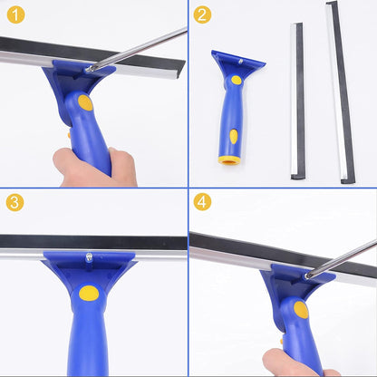 Window Washing Kit with Extension Pole, 10" Squeegee & 11" Microfiber Scrubber Combi with Stainless Steel Pole, Window Cleaner for Car, Sliding Door,Shower Glass Door-Swivel Style-2 Pads