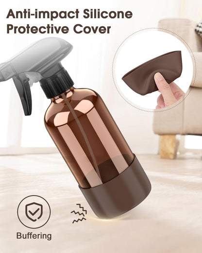 Bontip Glass Spray Bottle with Silicone Sleeve Protection, Amber Glass Spray Bottle Set for Window Cleaner Aromatherapy Facial Hydration Watering Flowers Hair Care 2 Pack/16 oz (Black & Brown)