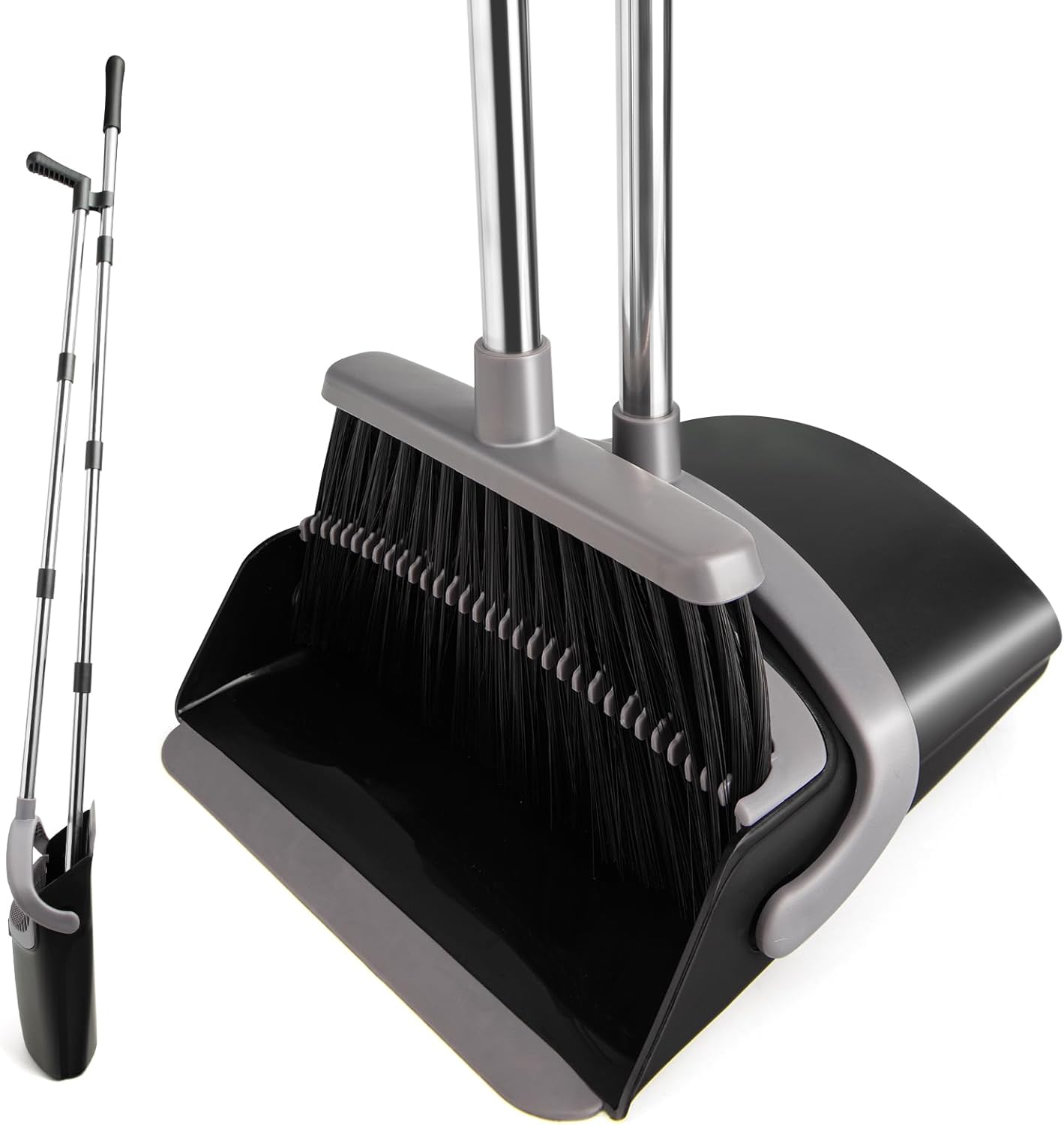Broom and Dustpan Set, Long Handle Lightweight Dustpans with Broom Combo for Home, Indoor&Outdoor Sweeping for Home Room Kitchen Office Lobby (Charcoal)