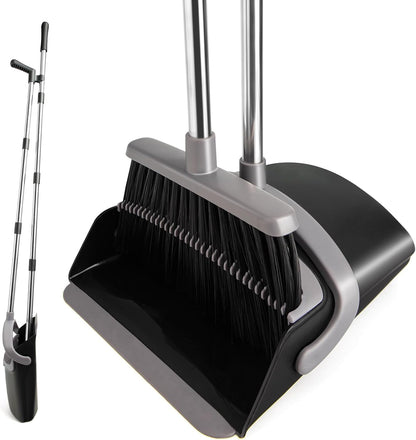 Broom and Dustpan Set, Long Handle Lightweight Dustpans with Broom Combo for Home, Indoor&Outdoor Sweeping for Home Room Kitchen Office Lobby (Charcoal)