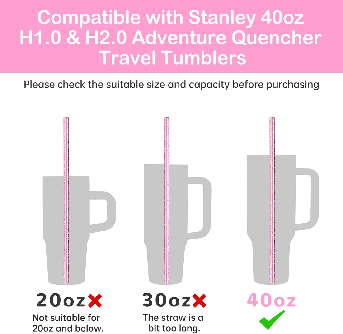 NiHome 12-Pack Glitter Replacement Straws for Stanley Tumbler 40OZ & 2 Cleaning Brushes Set, 12" Length BPA-Free Durable PETG Material for Various Beverages & Cups, Adds Sparkle to Your Drinks (Clear)