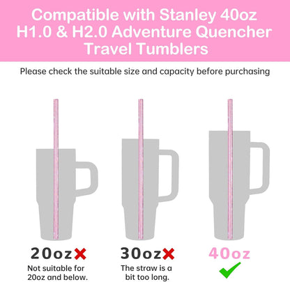 NiHome 12-Pack Glitter Replacement Straws for Stanley Tumbler 40OZ & 2 Cleaning Brushes Set, 12" Length BPA-Free Durable PETG Material for Various Beverages & Cups, Adds Sparkle to Your Drinks (Clear)