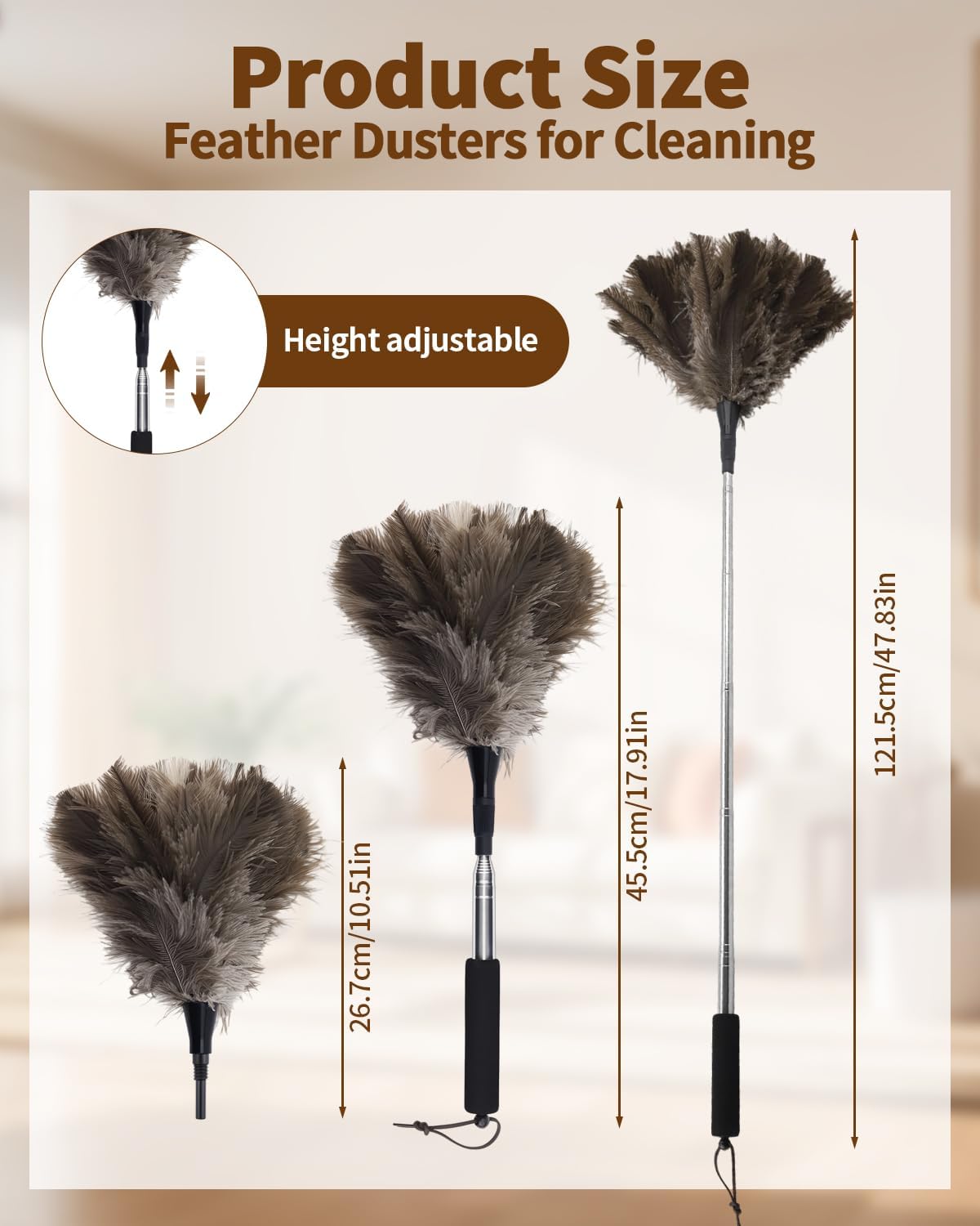 Extendable Ostrich Feather Duster with Bonus Wool Feather Duster Head - Natural Fluffy Non-Slip Handle Feathers Dusters for Cleaning Ceiling Fans, Blinds, Roof Dusting, High Surfaces (18-48 in)