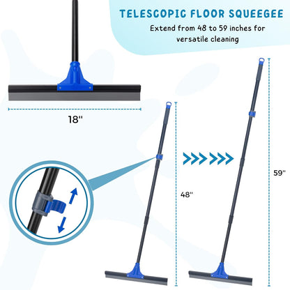Squeegee Broom for Floor, 18'' Heavy Duty Rubber Wiper with 60'' Long Handle for Bathroom Tile, Garage Concrete, Deck, Shower Glass, Window Cleaning