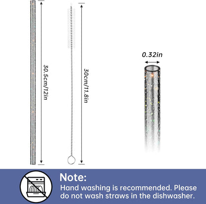 NiHome 12-Pack Glitter Replacement Straws for Stanley Tumbler 40OZ & 2 Cleaning Brushes Set, 12" Length BPA-Free Durable PETG Material for Various Beverages & Cups, Adds Sparkle to Your Drinks (Clear)