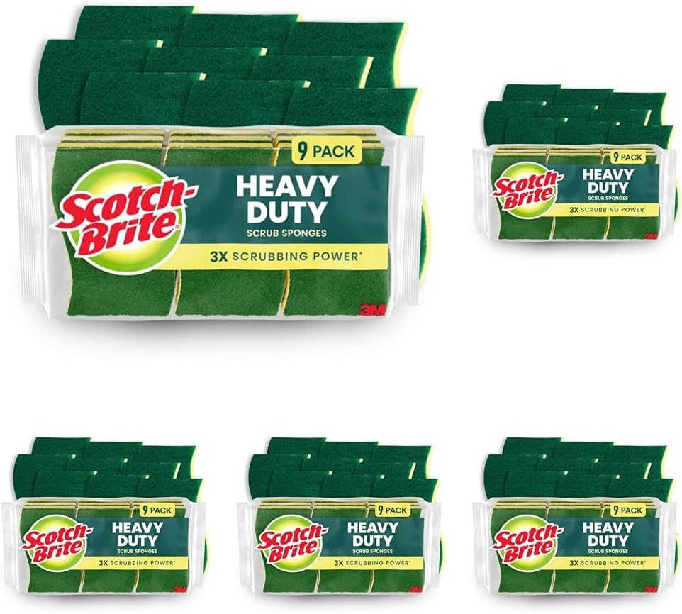 Scotch-Brite Heavy Duty Scrub Sponge, 9 Kitchen Sponges Designed for Tough Messes in the Kitchen that Last 3X Longer*, Best for Cast Iron Skillets and Outdoor Grills, Flexible, Durable, and Strong