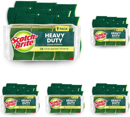 Scotch-Brite Heavy Duty Scrub Sponge, 9 Kitchen Sponges Designed for Tough Messes in the Kitchen that Last 3X Longer*, Best for Cast Iron Skillets and Outdoor Grills, Flexible, Durable, and Strong
