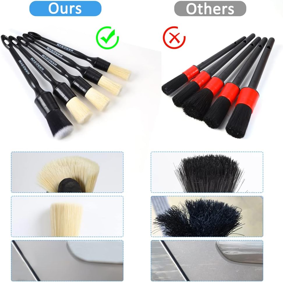 MVEQRRN Boars Hair Ultra Soft Detailing Brushes Set, 4 Pcs Premium Natural Boars Bristles, 1 Pcs Duster Detail Brush for Cleaning Car Interior Dashboard Leather Seat