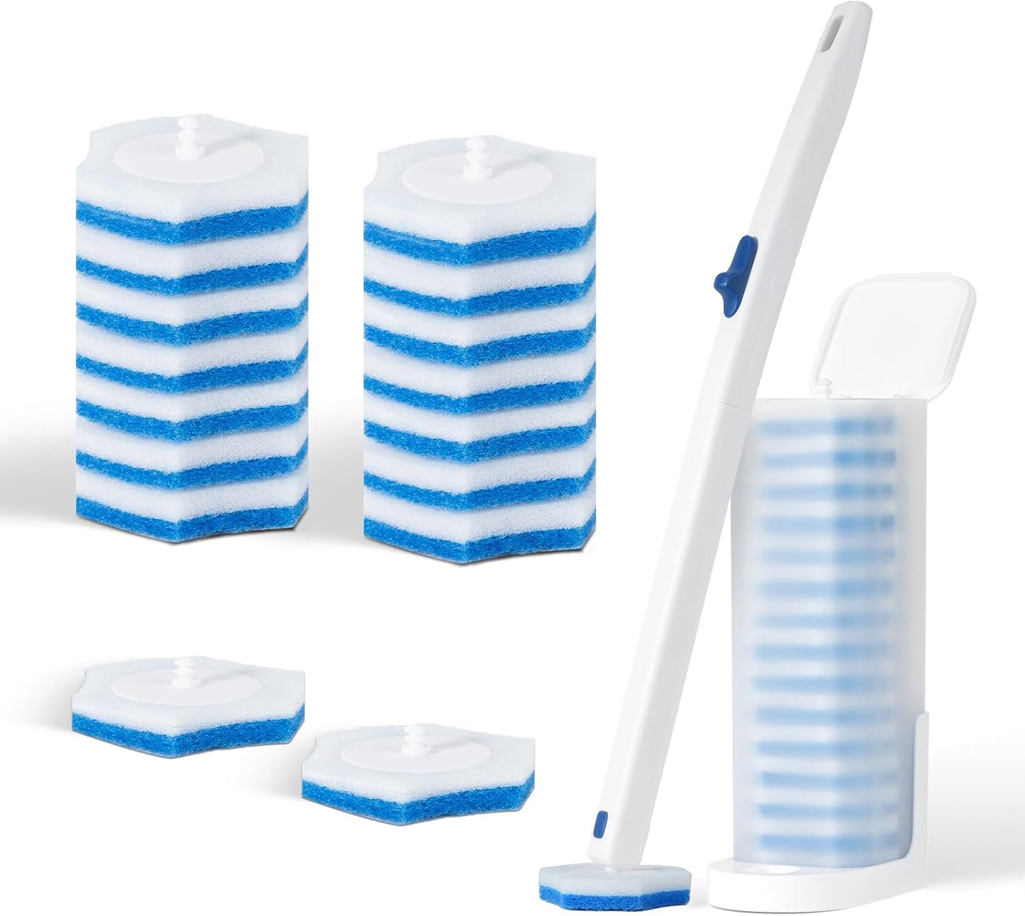 Disposable Toilet Brush Set with Holder, White and Blue, Includes 16 Cleaning Refills (1+16 Refills)
