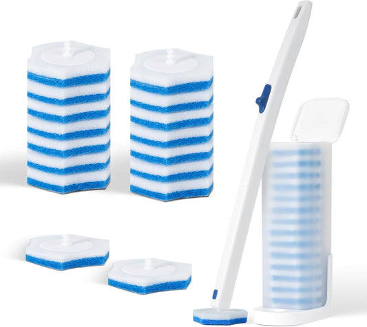 Disposable Toilet Brush Set with Holder, White and Blue, Includes 16 Cleaning Refills (1+16 Refills)