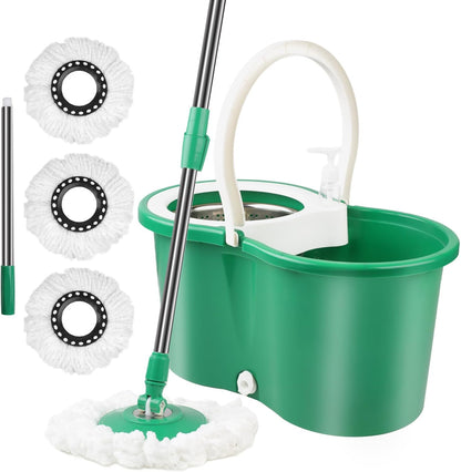 Spin Mop and Bucket with Wringer Set,360° Spin Mop & Bucket Floor Cleaning System Mop Bucket with 61" Adjustable Extended Handle 3 Microfiber Replacement Head Refills