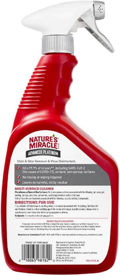 Nature’s Miracle Advanced Platinum Stain and Odor Remover and Virus Disinfectant, 32 Ounces, Disinfects and Cleans