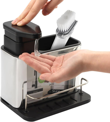 Soap Dispenser for Kitchen & Bathroom Sink, 3 in 1 Dish Soap Dispenser with Sponge Holder Dish Brush & Brush Holder, Stainless Steel Sink Caddy Organizer Kitchen Soap Dispenser Set Countertop
