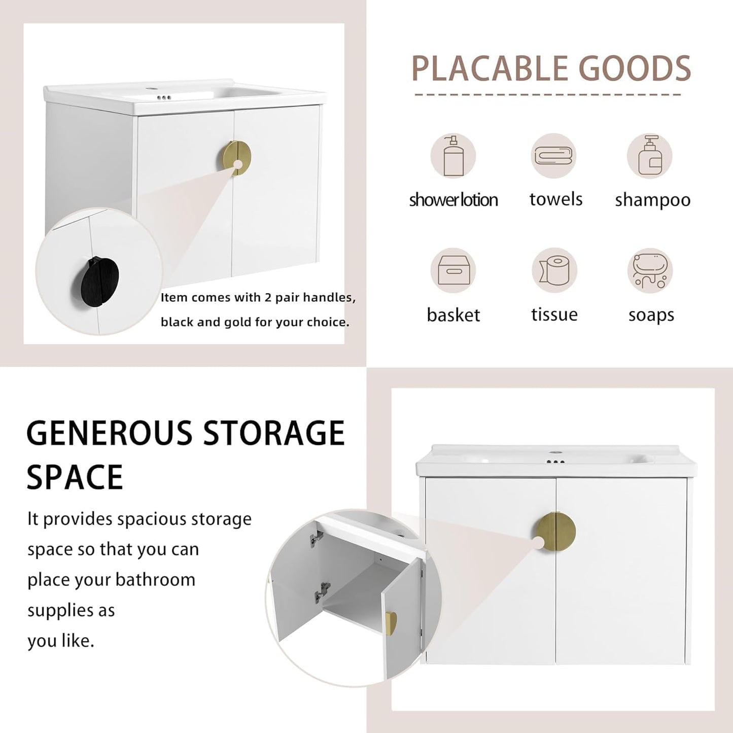 SSLine Modern 24-Inch Bathroom Vanity with Sink Wall Mounted Bathroom Vanity with Top Basin & Storage Cabinet White Wood Floating Vanity w/Ceramic Sink & Gold/Black Handles for Small Space